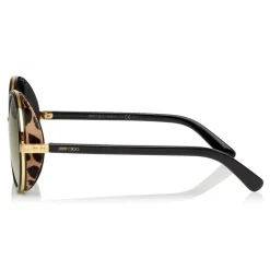 Jimmy Choo - Andie - Black Acetate Round Framed Sunglasses with Leapard Cavallino Leather Detailing - Jimmy Choo Eyewear - Avvenice