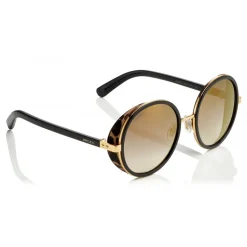 Jimmy Choo - Andie - Black Acetate Round Framed Sunglasses with Leapard Cavallino Leather Detailing - Jimmy Choo Eyewear - Avvenice