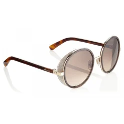 Jimmy Choo - Andie - Havana Brown Acetate Round Framed Sunglasses with Gold Silver Crystal Fabric Detailing - Jimmy Choo Eyewear - Avvenice