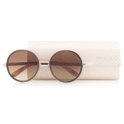 Jimmy Choo - Andie - Havana Brown Acetate Round Framed Sunglasses with Gold Silver Crystal Fabric Detailing - Jimmy Choo Eyewear - Avvenice