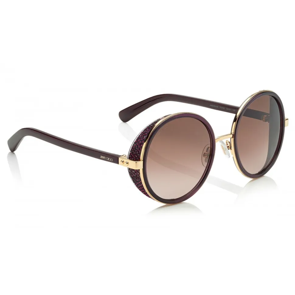 Jimmy Choo - Andie - Plum Acetate Round Framed Sunglasses with Lurex Detailing - Sunglasses - Jimmy Choo Eyewear - Avvenice