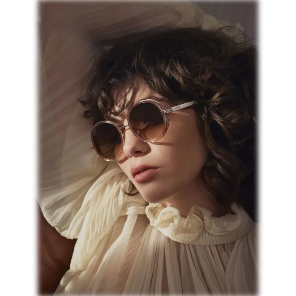Jimmy Choo - Andie - White Acetate Round Framed Sunglasses with Gold Lurex Detailing - Jimmy Choo Eyewear - Avvenice