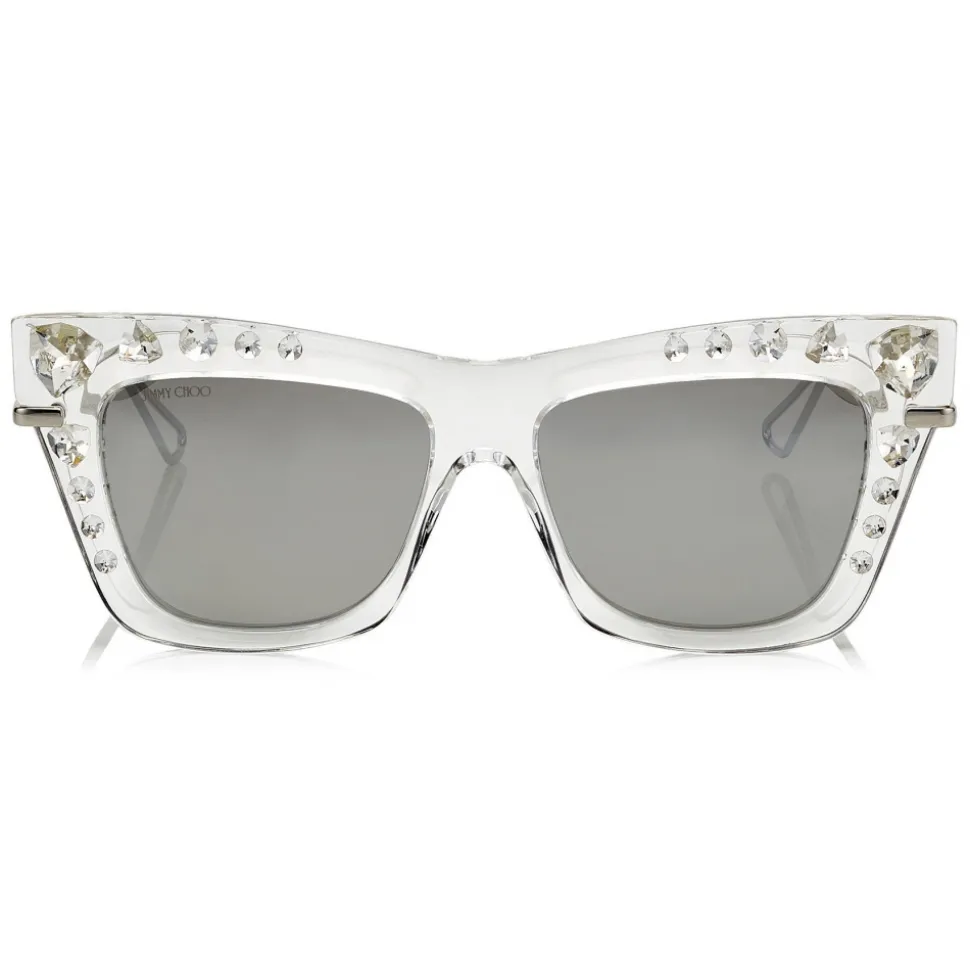 Jimmy Choo - Bee - Silver Mirror Cat Eye Sunglasses with Silver and Clear Swarovski Crystals - Avvenice