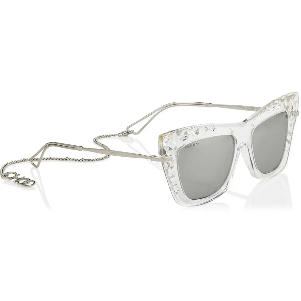 Jimmy Choo - Bee - Silver Mirror Cat Eye Sunglasses with Silver and Clear Swarovski Crystals - Avvenice