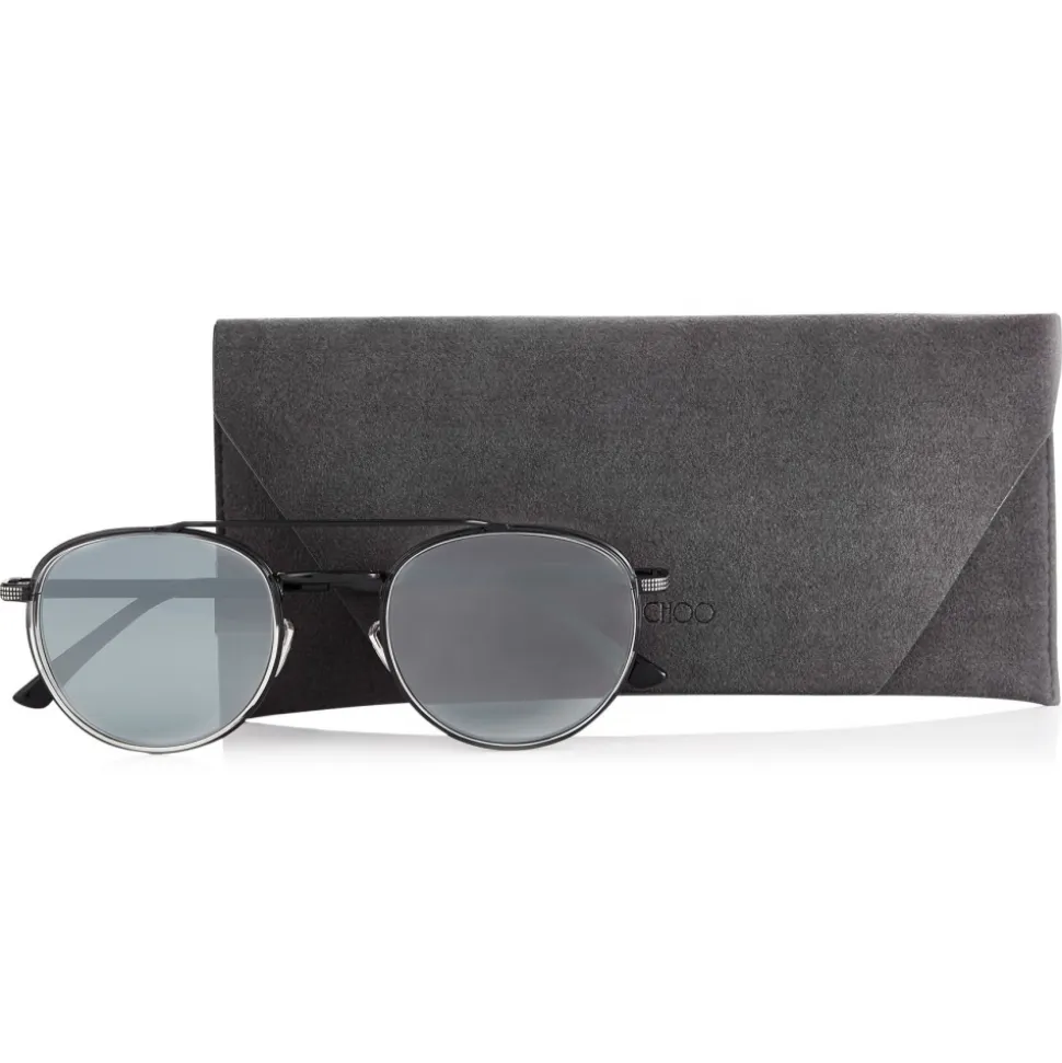 Jimmy Choo - Dave - Black and Silver Oval Sunglasses with Mirror Lenses - Jimmy Choo Eyewear - Avvenice