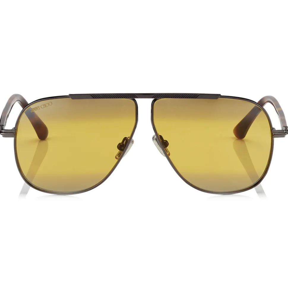 Jimmy Choo - Ewan - Brown Mirror Aviator Sunglasses with Ruthenium Havana and Silver Titanium Frame - Avvenice