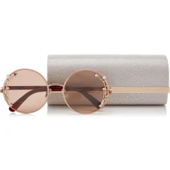 Jimmy Choo - Gema - Nude Round Shaped Metal Sunglasses with Swarovski Crystals and Pearls - Jimmy Choo Eyewear - Avvenice