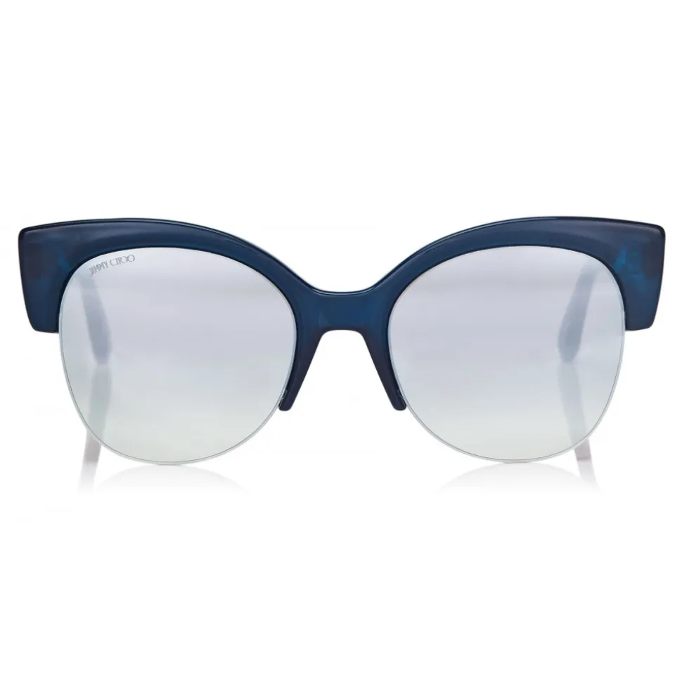 Jimmy Choo - Pryia - Dark Blue Acetate Oval Frame Sunglasses with Glitter Detailing - Sunglasses - Jimmy Choo Eyewear - Avvenice