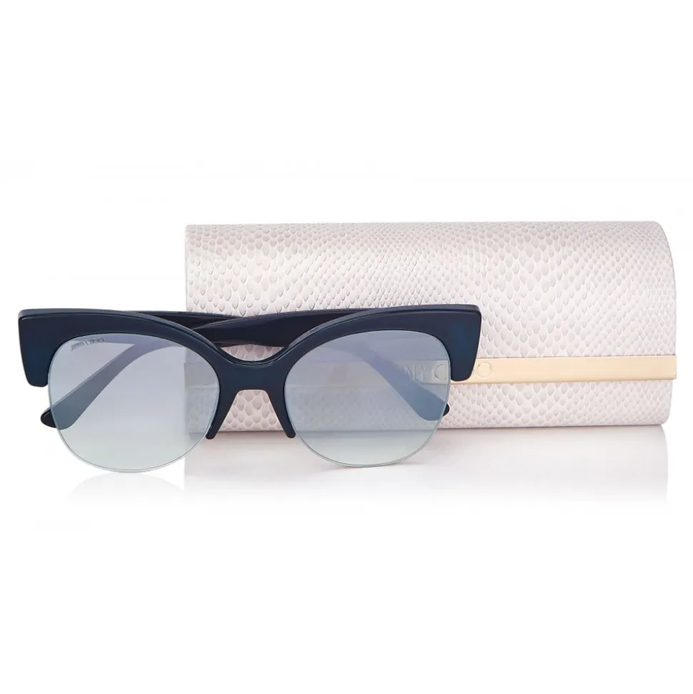 Jimmy Choo - Pryia - Dark Blue Acetate Oval Frame Sunglasses with Glitter Detailing - Sunglasses - Jimmy Choo Eyewear - Avvenice