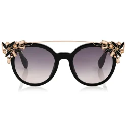 Jimmy Choo - Vivy - Black and Gold Round Framed Sunglasses with Detachable Jewel Clip On - Sunglasses - Jimmy Choo Eyewear - Avvenice