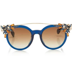 Jimmy Choo - Vivy - Blue and Gold Round Framed Sunglasses with Detachable Jewel Clip On - Sunglasses - Jimmy Choo Eyewear - Avvenice