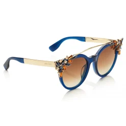 Jimmy Choo - Vivy - Blue and Gold Round Framed Sunglasses with Detachable Jewel Clip On - Sunglasses - Jimmy Choo Eyewear - Avvenice