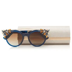 Jimmy Choo - Vivy - Blue and Gold Round Framed Sunglasses with Detachable Jewel Clip On - Sunglasses - Jimmy Choo Eyewear - Avvenice