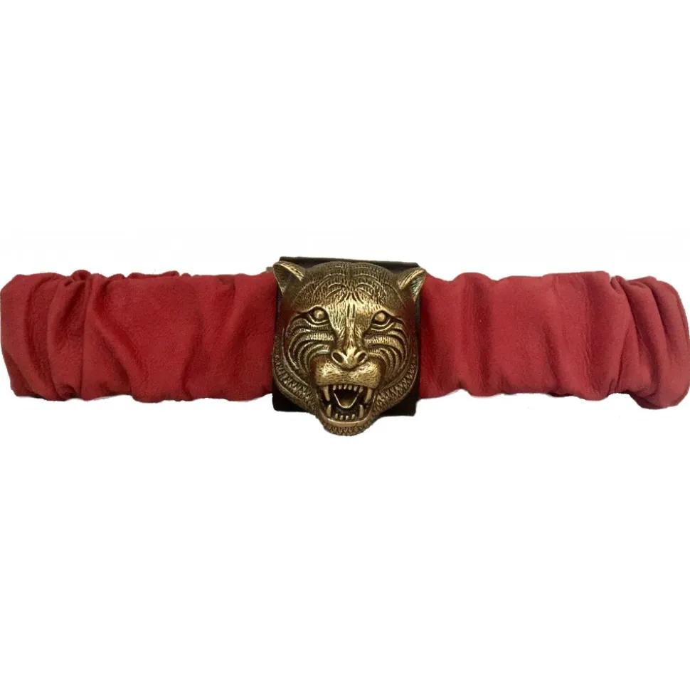Kristina MC - Belt with Tiger-Shaped Application - Nabuk Nappa - Red - High Quality Leather Craft - Avvenice