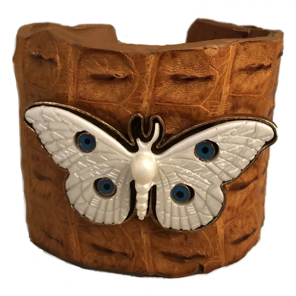 Kristina MC - Crocodile Bracelet with Butterfly - Brown Walnut - High Quality Leather Craft - Avvenice
