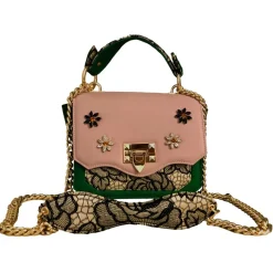 Kristina MC - Mini Bag - Clutch Bag with Chain - Nappa Leather Double Floreal Jaquard Fabric - Swarovski - Pink Forest Green - Avvenice
