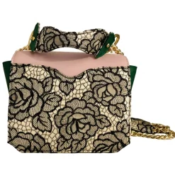 Kristina MC - Mini Bag - Clutch Bag with Chain - Nappa Leather Double Floreal Jaquard Fabric - Swarovski - Pink Forest Green - Avvenice