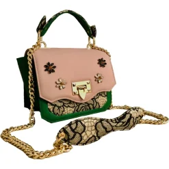 Kristina MC - Mini Bag - Clutch Bag with Chain - Nappa Leather Double Floreal Jaquard Fabric - Swarovski - Pink Forest Green - Avvenice