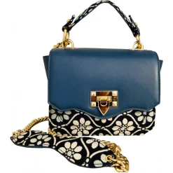 Kristina MC - Mini Bag - Clutch Bag with Chain - Nappa Leather Double Floreal Jaquard Fabric - Blue - High Quality Leather - Avvenice