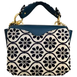 Kristina MC - Mini Bag - Clutch Bag with Chain - Nappa Leather Double Floreal Jaquard Fabric - Blue - High Quality Leather - Avvenice