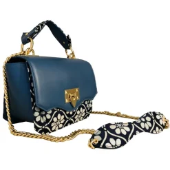 Kristina MC - Mini Bag - Clutch Bag with Chain - Nappa Leather Double Floreal Jaquard Fabric - Blue - High Quality Leather - Avvenice
