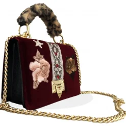Kristina MC - Mini Bag Cahier - Clutch Bag with Chain - Velvet Saffiano Calfskin - Red Burgundy - High Quality Leather Craft - Avvenice