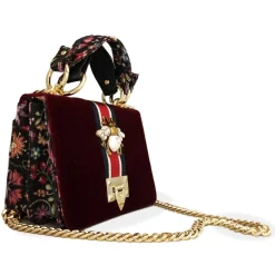 Kristina MC - Mini Bag Cahier - Clutch Bag with Chain - Velvet Gabardine Fabric - Red Burgundy - High Quality Craft - Avvenice