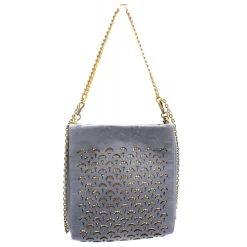 Laura B - Jaipur Disco Bag - Leather and Mesh Bag - Gray - Strap Bag - Luxury High Quality Bag - Avvenice