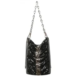 Laura B - Line Box Disco Bag - Leather and Mesh Bag - Black - Strap Bag - Luxury High Quality Bag - Avvenice