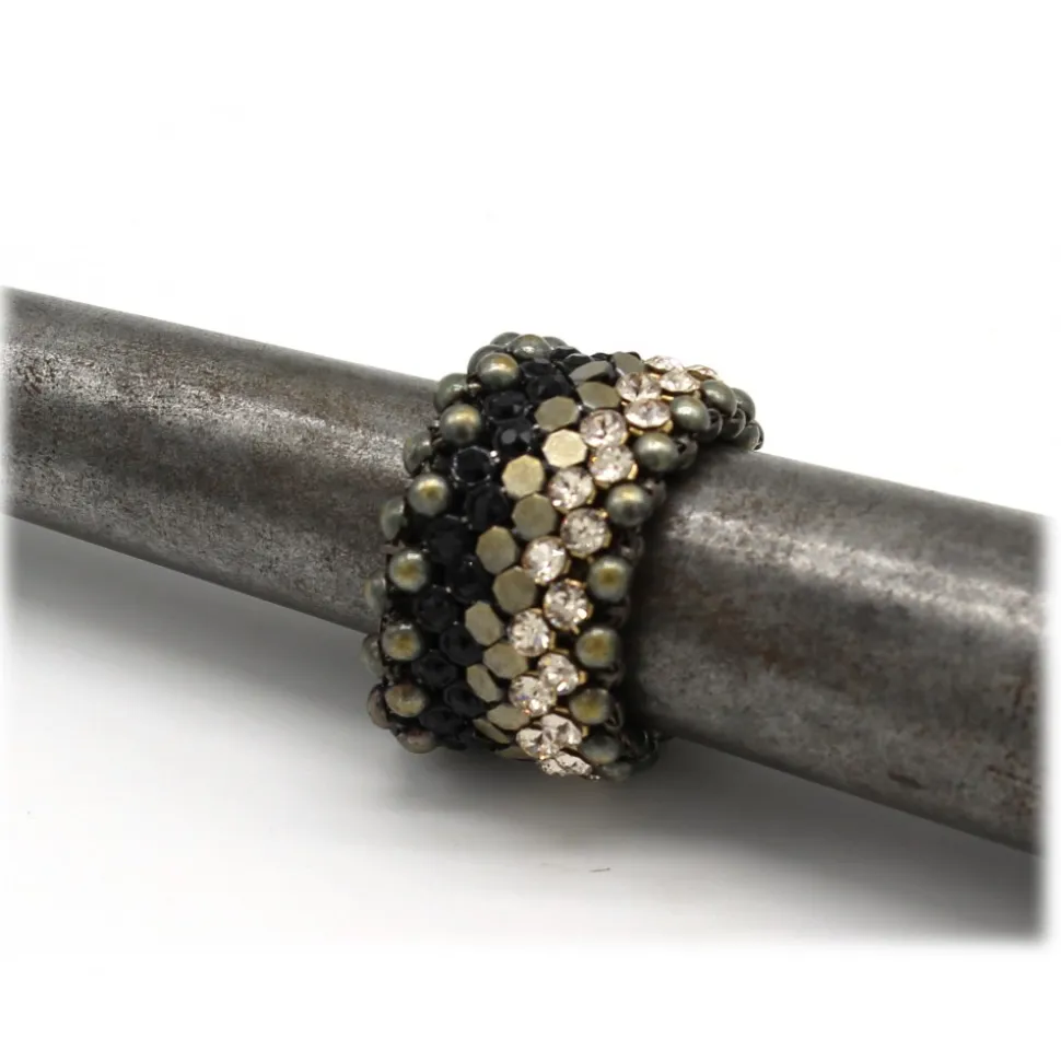 Laura B - Mia Ring - Mesh and Swarovski Ring - Doré - Black Swarovski - Handmade Ring - Luxury High Quality - Avvenice
