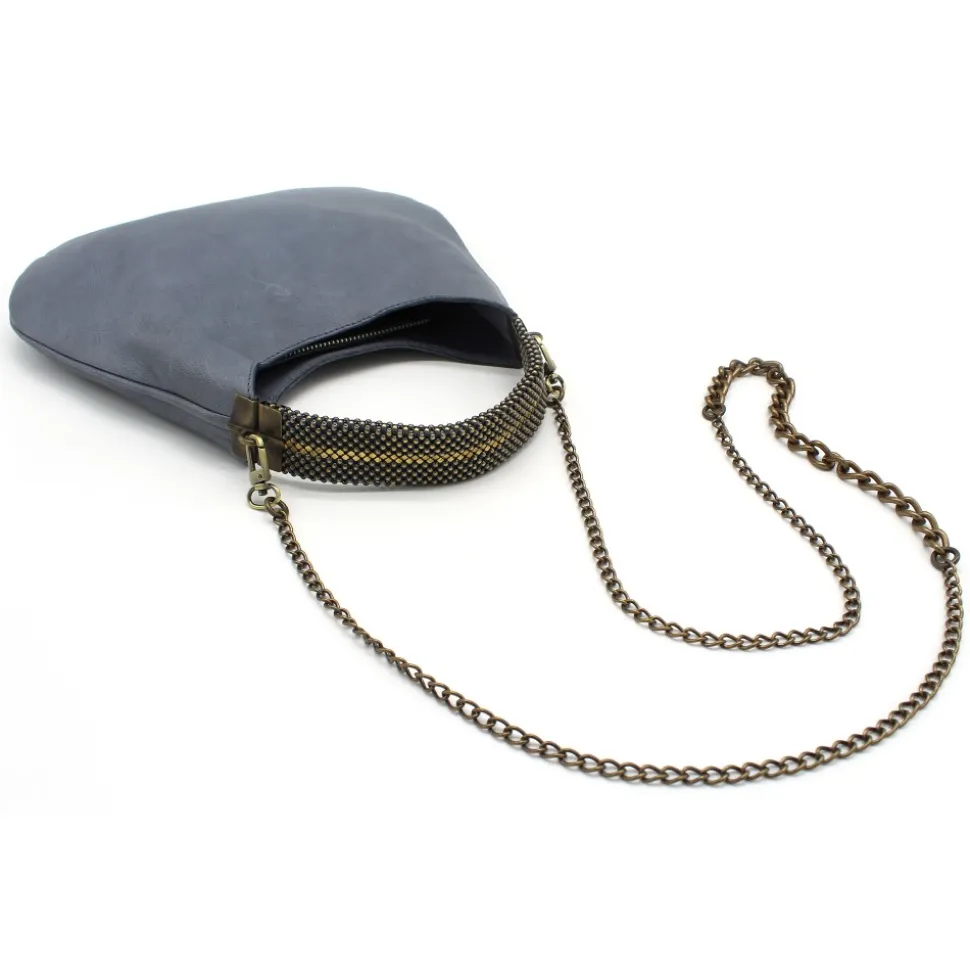 Laura B - Moon Handbag - Leather and Mesh Bag - Lamb - Grey - Strap Bag - Luxury High Quality Bag - Avvenice