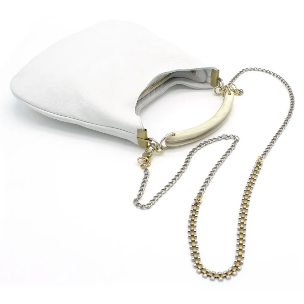 Laura B - Moon Horn Handbag - Leather and Mesh Bag - White - Strap Bag - Luxury High Quality Bag - Avvenice