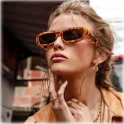 Linda Farrow - Talita Rectangular Sunglasses in Saffron Tortoiseshell - LFL1419C4SUN - Linda Farrow Eyewear - Avvenice