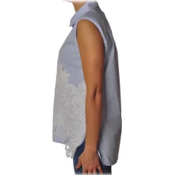 Liu Jo - Striped Top with Lace Detail - Light Blue - Made in Italy - Luxury Exclusive Collection - Avvenice