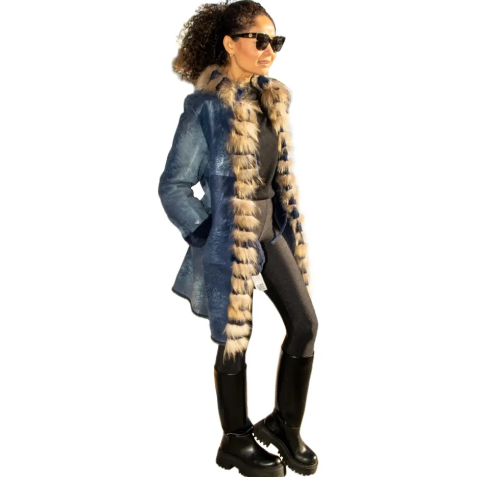 Miriam Tirinzoni - Aged Calfskin Jacket with Lapin Fur Interior - Blue Hazelnut - Jacket - Luxury Exclusive Collection - Avvenice