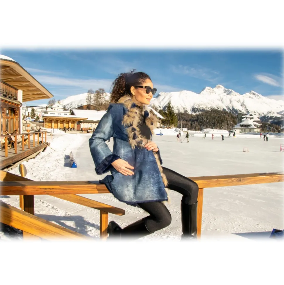 Miriam Tirinzoni - Aged Calfskin Jacket with Lapin Fur Interior - Blue Hazelnut - Jacket - Luxury Exclusive Collection - Avvenice