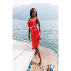 Miriam Tirinzoni - Bicolor White and Red Swimsuit with Sequins Accompanied by a Skirt - Swimwear - Luxury Exclusive Collection - Avvenice