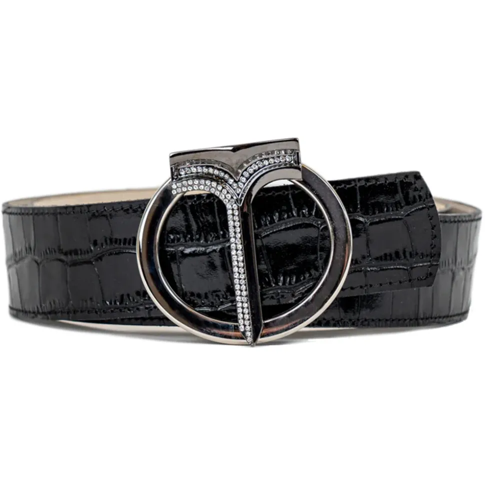 Miriam Tirinzoni - Black Calf Leather Belt with Crocodile Print - Belt - Luxury Exclusive Collection - Avvenice