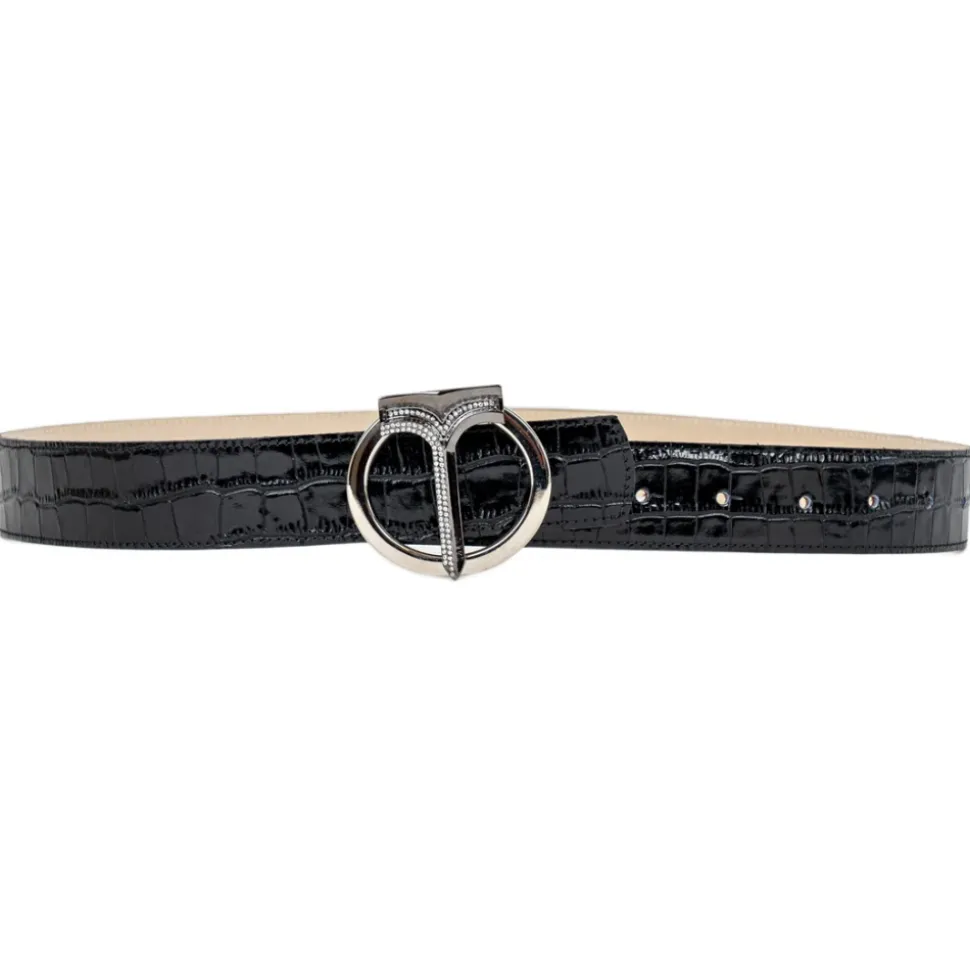 Miriam Tirinzoni - Black Calf Leather Belt with Crocodile Print - Belt - Luxury Exclusive Collection - Avvenice