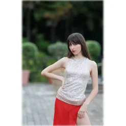 Miriam Tirinzoni - Tailored Swimsuit in Gold Sequins with a Coordinated Red Skirt - Swimwear - Luxury Exclusive Collection - Avvenice