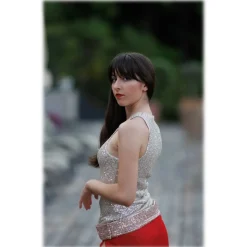 Miriam Tirinzoni - Tailored Swimsuit in Gold Sequins with a Coordinated Red Skirt - Swimwear - Luxury Exclusive Collection - Avvenice