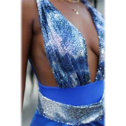 Miriam Tirinzoni - Tailored Swimsuit in Blue Sequins with a Coordinated Silk Skirt - Swimwear - Luxury Exclusive Collection - Avvenice