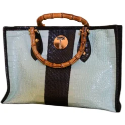 Miriam Tirinzoni - White and Brown Color Bag with Bamboo Handle - Bags - Luxury Exclusive Collection - Avvenice