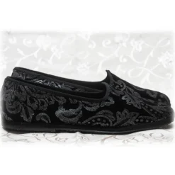 Nicolao Atelier - Furlana Slipper Silk Velvet - Black Silver Motifs Woman - Shoe - Made in Italy - Luxury Exclusive Collection - Avvenice