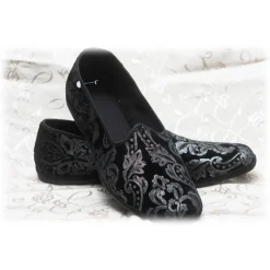 Nicolao Atelier - Furlana Velvet Slipper - Color Black Silver Damask Man - Shoe - Made in Italy - Luxury Exclusive Collection - Avvenice