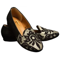 Nicolao Atelier - Silk Slipper Shoe - Black Color with Gold Pattern Woman - Shoe - Made in Italy - Luxury Exclusive Collection - Avvenice