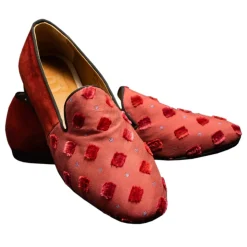 Nicolao Atelier - Silk Slipper Sock - Red with Red Velvet Check Pattern Man - Shoe - Made in Italy - Luxury Exclusive Collection - Avvenice