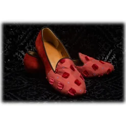 Nicolao Atelier - Silk Slipper Sock - Red with Velvet Check Pattern Woman - Shoe - Made in Italy - Luxury Exclusive Collection - Avvenice