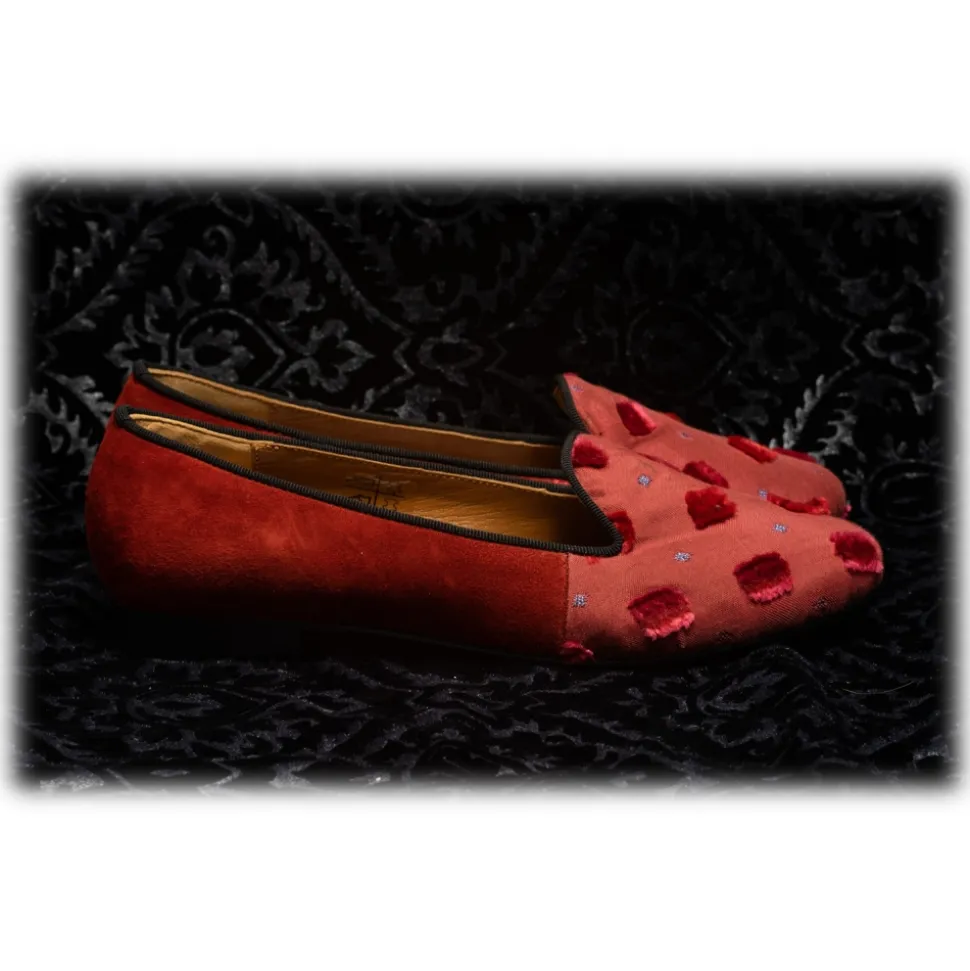 Nicolao Atelier - Silk Slipper Sock - Red with Velvet Check Pattern Woman - Shoe - Made in Italy - Luxury Exclusive Collection - Avvenice