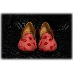 Nicolao Atelier - Silk Slipper Sock - Red with Velvet Check Pattern Woman - Shoe - Made in Italy - Luxury Exclusive Collection - Avvenice